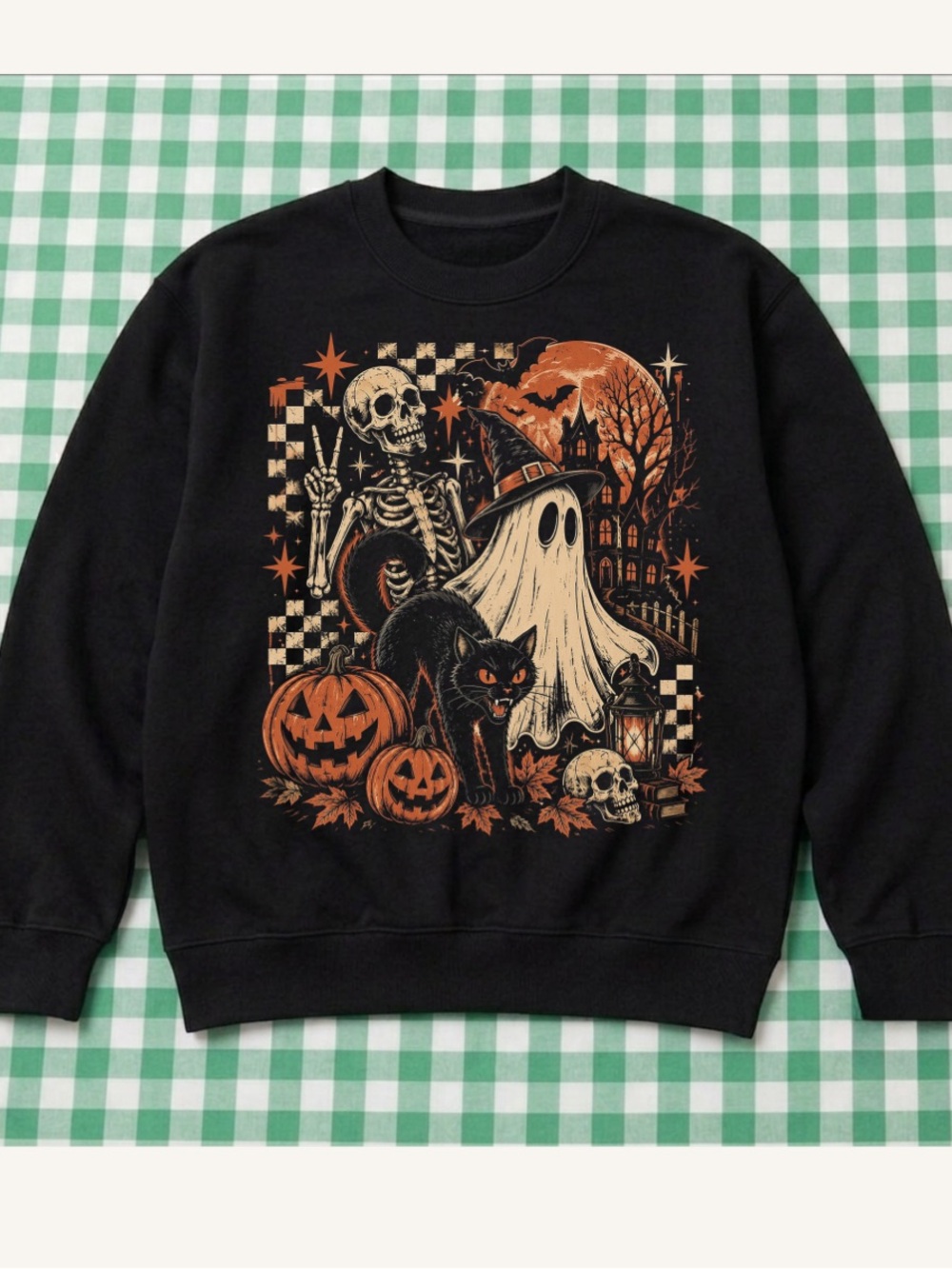 Gildan Black Halloween Graphic Crewneck Sweatshirt with Orange Pumpkin Accents